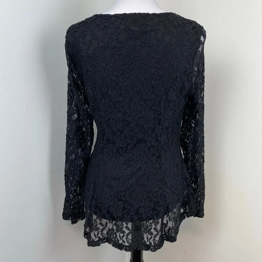 Carmen Marc Valvo Black Lace Long Sleeve Layered Top Medium - Picture 5 of 7